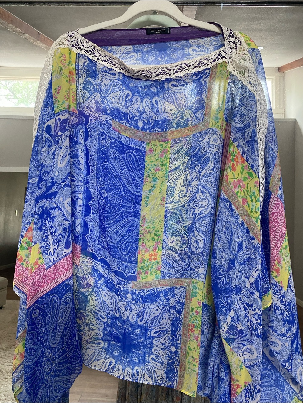 Etro Blue Paisley Patchwork Top with Crochet Trim